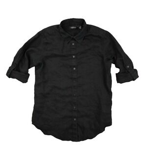 Lauren Ralph Lauren 100% Linen Long Sleeve Roll Tab Button Up Shirt Black Large